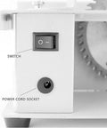 Close-up of switch and power cord socket on Portable Benchtop Table Saw For DIYers And Hobbyists, Mini Multifunction Woodworking Saw.