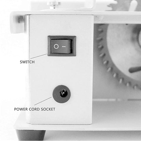 Close-up of switch and power cord socket on Portable Benchtop Table Saw For DIYers And Hobbyists, Mini Multifunction Woodworking Saw.