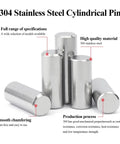 304 stainless steel cylindrical pins showcasing durability and smooth chamfering for various specifications