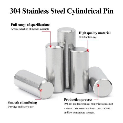 304 stainless steel cylindrical pins showcasing durability and smooth chamfering for various specifications
