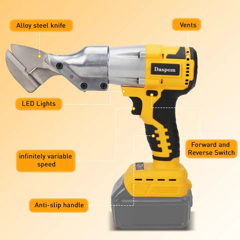 Daspom Brushless Cordless Sheet Metal Shear Compatible With Dewalt 20V Battery Tool Only showing alloy steel knife and LED lights.