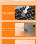 32-in-1 electronics cleaning kit, black; front view keyboard brush; side view laptop port brush; close-up gap knife for phone edge