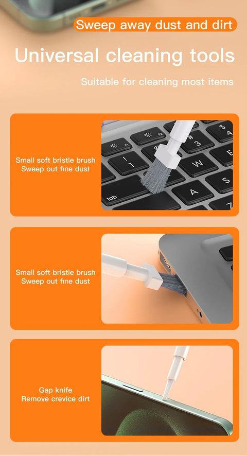 32-in-1 electronics cleaning kit, black; front view keyboard brush; side view laptop port brush; close-up gap knife for phone edge