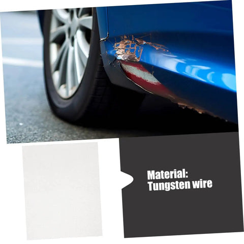 Close-up of a blue car bumper with a crack; includes 10 Piece Bumper Repair Mesh Kit With Tungsten Wire Screen For Plastic Welding.
