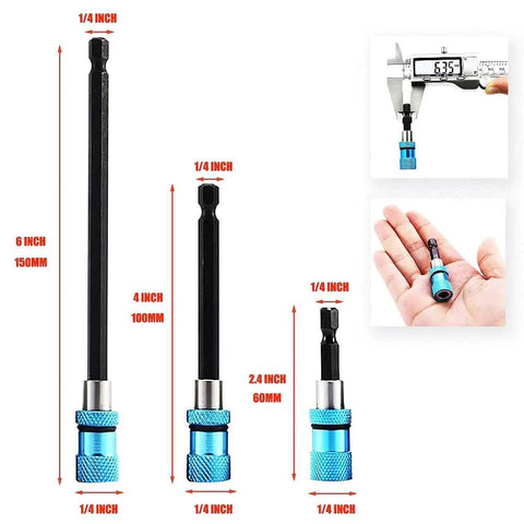 Three Pack Magnetic Drill Bit Holder Set For Impact Drivers One Quarter Inch Hex Shank 60mm 100mm 150mm Extensions Cr V Steel Construction Strong Built In Magnet Blue Color Pro Grade For Quick Spotting, showing three blue hex shank extensions in different sizes.