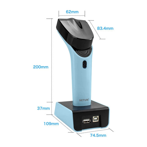 Dimensions view of Wireless Bluetooth 2D Barcode Scanner With Hands Free Operation, Charging Cradle, Built In Memory, DS7500 2D Blue