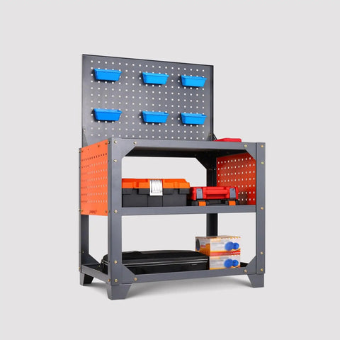 Heavy Duty Rolling Tool Cart With Three Tier Thickened Shelves And Steel Build For Garage Or Workshop Mobile Work Station On Wheels For Auto Repair Warehouse And Shop Use Sturdy Storage And Easy Access, steel cart with pegboard and bins