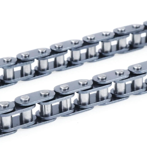 Close-up view of T8F Drive Chain 134 Links With Chain Breaker Kit for 50cc pocket bike, showing metal links and rollers.