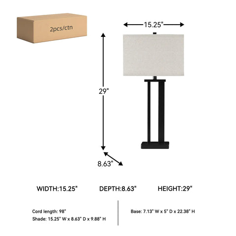 Dimensions and packaging for Aniela Contemporary 29 Inch Table Lamp Set Bronze Finish With Open Silhouette Two Pack Modern Metal Lamps.