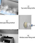 Super Silent Portable Swamp Cooler With Three Quick Speeds, showing top, water pipe, and window filling methods.