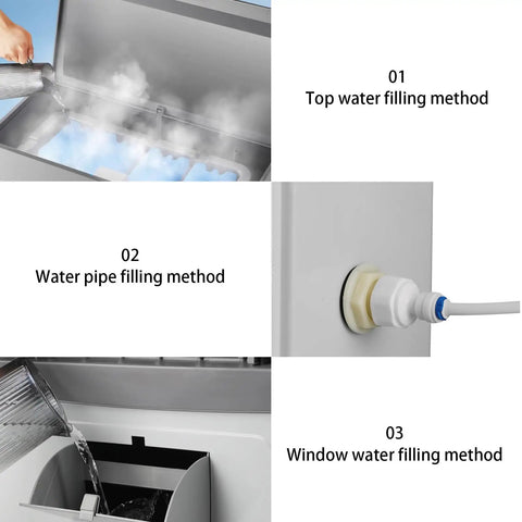 Super Silent Portable Swamp Cooler With Three Quick Speeds, showing top, water pipe, and window filling methods.