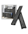 Hydraulic Damping Wardrobe Drawer Slides With Guide Rail For Ultra Quiet Soft Close Three Section Glide Heavy Duty Cold Rolled Steel Hardware For Wardrobe Drawers 16 Inches 40CM shown next to open drawer unit.