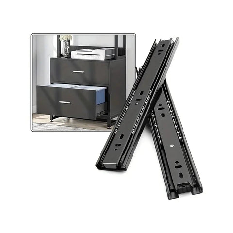 Hydraulic Damping Wardrobe Drawer Slides With Guide Rail For Ultra Quiet Soft Close Three Section Glide Heavy Duty Cold Rolled Steel Hardware For Wardrobe Drawers 16 Inches 40CM shown next to open drawer unit.