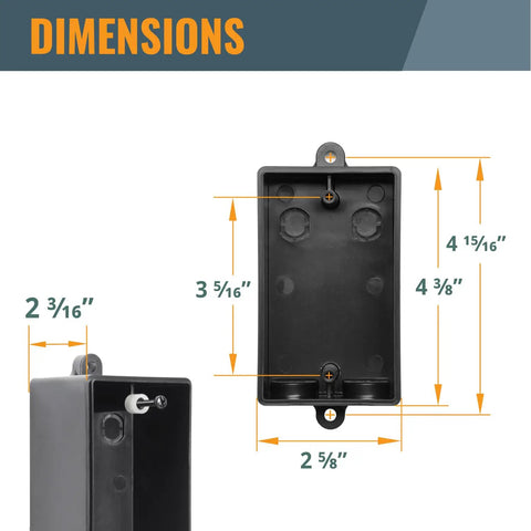 Heavy Duty Workhorse Plug And Play Dual Voltage Paddle Switch With Deep Gang Box dimensions display, black plastic construction.