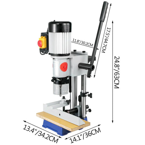 Professional Benchtop Mortiser Machine Featuring Variable Speed Drive For Precision Wood And Metal Milling side view with dimensions.
