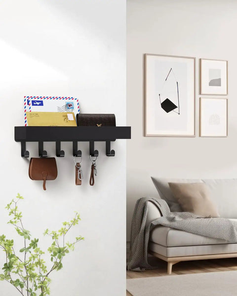 Damage Free Key Holder Wall Mount With Adhesive Magnetic Hooks And Shelf No Drill Key Rack in entryway with mail and keys
