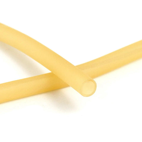 Close-up of two pieces of natural latex rubber tubing, yellow, 1/4 in OD x 3/16 in ID
