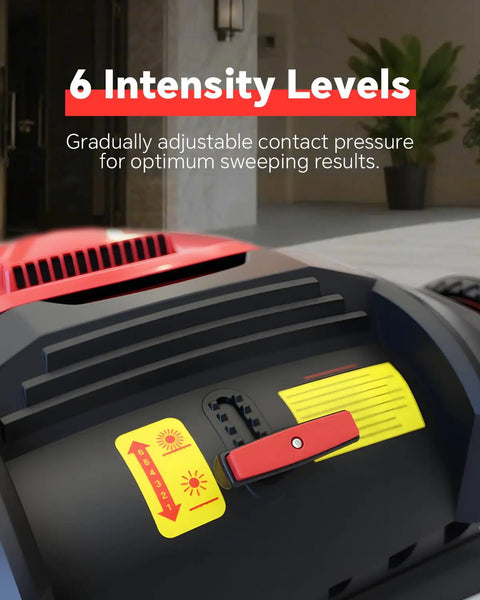 Heavy Duty 43 Inch Walk Behind Floor Sweeper Machine Great For Warehouses Driveways And Commercial Spaces showing 6 intensity levels for contact pressure.