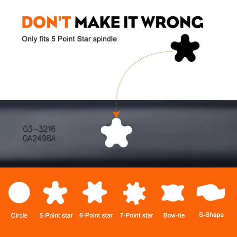 Diagram showing correct 5-point star spindle fit for 2 Pack 138971 High Lift Mower Blades 5 Point Star For Craftsman 42 Inch Riding Mower LT1000 LT2000 And Husqvarna 42 Inch Deck Lawn Tractor Models Replace 532138971 422719