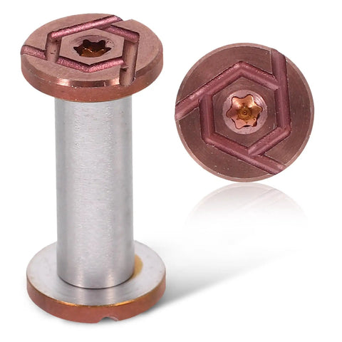 Top Shelf Stainless Steel Knife Handle Screws For Quick Blade Fabrication Featuring Straight Slot Notch Built Tough For Solid Fit On Chef Utility And Parer Knives Real Deal Supply, showing detailed fasteners with a hexagon top.