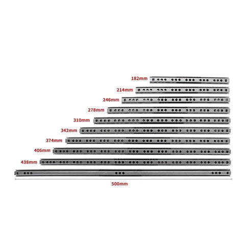 Smooth As Butter Heavy Duty Steel Drawer Glides Two Pack Side Mounted Ball Bearing Cabinet Hardware Full Extension Furniture Setup Quiet Operation 246 Mm size comparison chart showing lengths from 182mm to 500mm.