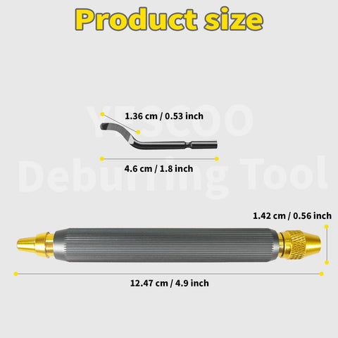 Front view of YESCOO deburring tool with 10 spare HSS blades and knurled gray handle, 12.47 cm long