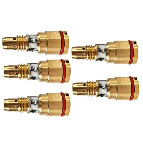 Snazzy 5-Pack Gas Diffuser Fit For Miller MDX Mig Welding Guns, five brass flow diffusers with red rings for smooth arc.