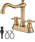 Antique Brass 4 Inch Centerset Bathroom Faucet With Two Cross Handles Retro RV Style Mixer Tap For 3 Hole Basins Vanity Lavatory Includes Hoses And Pop Up Drain displayed with hoses and drain