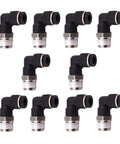 Ten Pack Push To Connect Air Fittings 90 Degree Pneumatic Tube Elbow One Quarter Inch Tube OD To One Quarter Inch NPT Thread Quick Connect For Easy Snap On Air Lines Durable Plastic And Stainless Steel With 360 Degree Rotation, black 90° elbow fittings