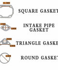 Diagram of 23-piece gasket set with square, intake pipe, triangle, and round gaskets for 110cc engines, labeled with measurements.