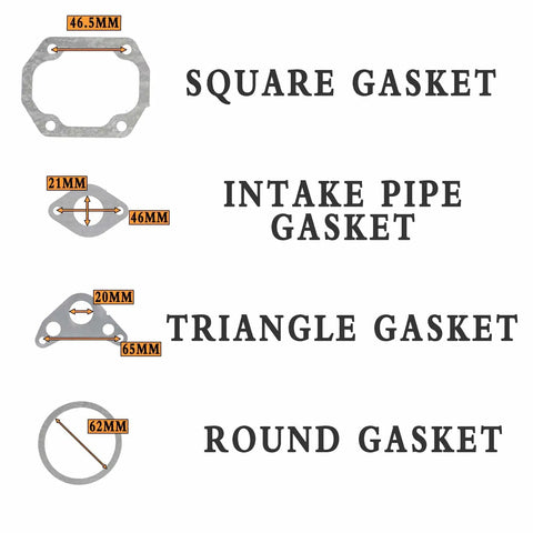 Diagram of 23-piece gasket set with square, intake pipe, triangle, and round gaskets for 110cc engines, labeled with measurements.