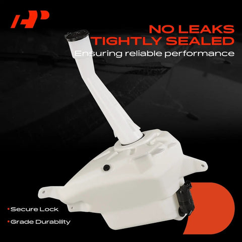 Windshield Washer Reservoir Tank Assembly For Toyota Tacoma 1998-2004 With Cap And Washer Pump 2.5 Liter Capacity Plus Sensor Hole Replace 8531504060 Direct Fit shown with nozzle and pump, durable and tightly sealed.