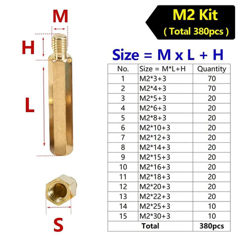380pcs M2 Brass Hex Spacer Standoff Kit For Circuit Boards And Motherboards, Go-To Male And Female Threaded Pillars In 15 Sizes From 3mm To 30mm, PCB Mounting Hardware, Durable Brass Copper Material, with size chart