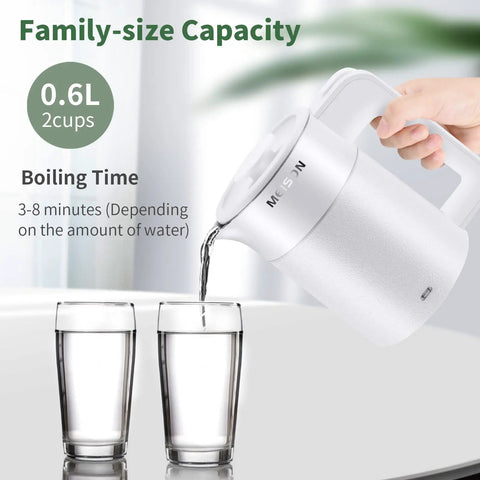 Ultra Compact 0.6L Electric Kettle Travel Ready On The Go Stainless Steel Mini Hot Water Boiler pouring water into glasses