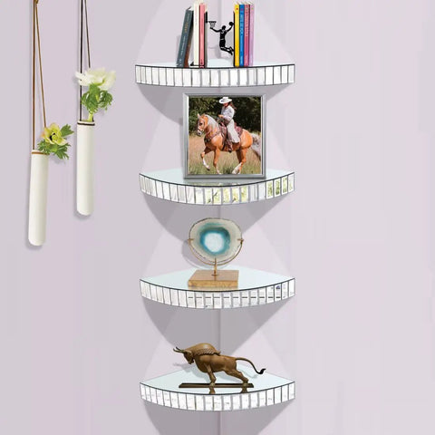 Mirrored Corner Shelf Set Two Pack 11.8 Inch By 2 Inch Silver Mosaic Glass Floating Ledge For Wall Display with decor items