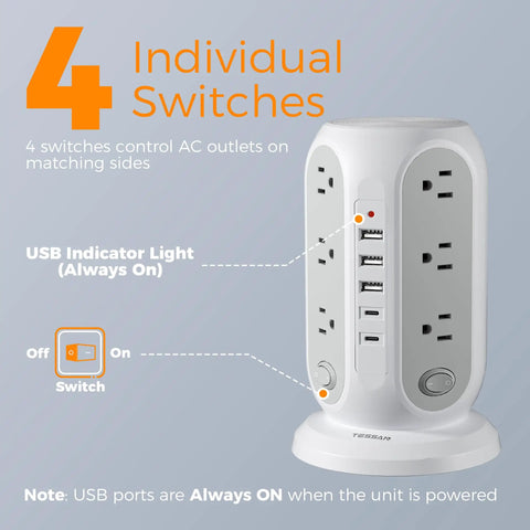 Tower Power Strip With 12 Outlets And 5 USB Ports, Including 2 USB C, Individual Switches, 10 Ft Flat Extension Cord, 1250W Surge Protector, All In One Charging Station For Office Or Dorm, Grey