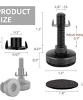 Three Eighth Inch Thread Leg Levelers 24 Pack showing dimensions, black galvanized steel with adjustable threaded insert.