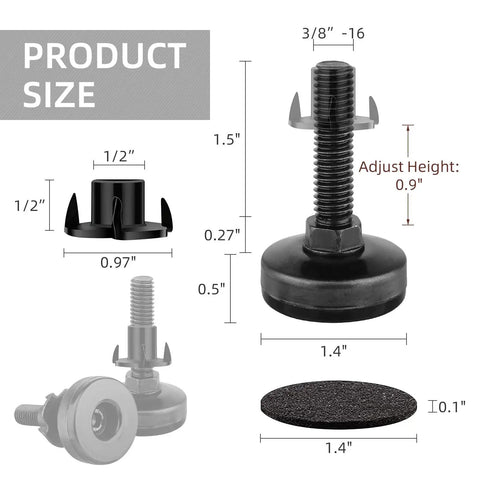 Three Eighth Inch Thread Leg Levelers 24 Pack showing dimensions, black galvanized steel with adjustable threaded insert.