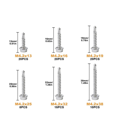 Image of 93 Pieces Stainless Steel Hex Head Drilling Screws Kit Size No 8 in various lengths for sheet metal, plastic, and wood.