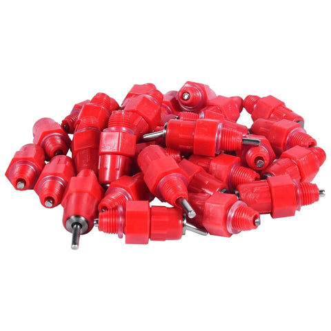 Screw Style Automatic Chicken Waterer Nipples 30 Pack, red plastic poultry drinkers for flock hydration setup.