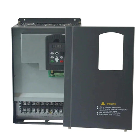 Go Full Throttle With This Industrial Strength Heavy Duty 45KW 37KW 55KW VFD Inverter Drive Featuring Vector Control For 380V 3 Phase Input And Output Spindle Motors And CNC Machines At 90 Amps Output 0 To 650 Hertz, black metal enclosure front view