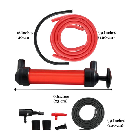 Grab-And-Go Multi-Use Manual Fuel Transfer Pump Kit with 15 inch hose, red and black components, ideal for liquid transfers.