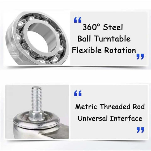 Heavy Duty 3/4/5in Swivel Caster Wheels Set of 4 360° Industrial PU Silent Threaded Stem Casters for Shopping Carts Furniture and Equipment (10x30mm) close-up of 360° steel ball turntable for flexible rotation.