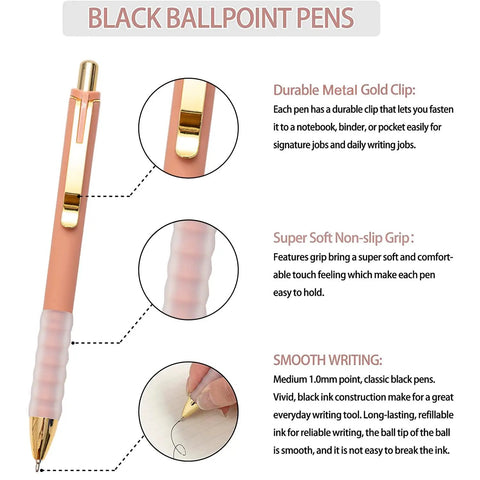 Gold 12 Pack Retractable Ballpoint Pens With Ultra Soft Grip 1.0mm Point Smooth Black Ink For Effortless Everyday Writing Comfortable Non Slip Grip For Men And Women displayed with focus on gold clip, grip, and smooth writing feature.