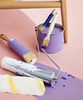 Top Tier 10 Piece Paint Roller Cover Refills For Smooth Wall And Ceiling Painting Ultra Thick Sleeves That Grab Paint Like Crazy Totally Legit For Any Big DIY House Renovation Job. Image shows purple paint roller and tools.