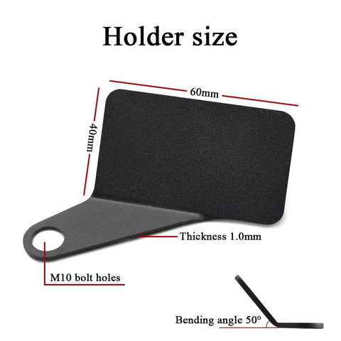Motorcycle meter mounting bracket with M10 bolt holes, black left holder, 60x40x1.0 mm, 50° bend (Amazon)