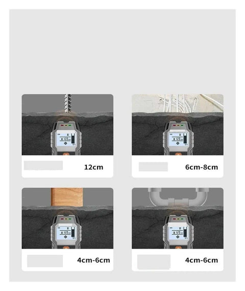 Badass Slick Stud Finder Wall Scanner Delivering Dope Accuracy For Swift Metal And Water Pipe Location Across AC Wiring And Concrete Detection showing depth readings.