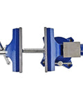 Heavy Duty Rock Solid Home Workshop Bench Vise Four Point Five Inch Wide Jaw With Hella Sturdy Soft Covers And Sure Grip Swivel Base Gray Iron Cast Construction For Diy Makers Making Quick Work Of Projects, blue vise shown from the top.