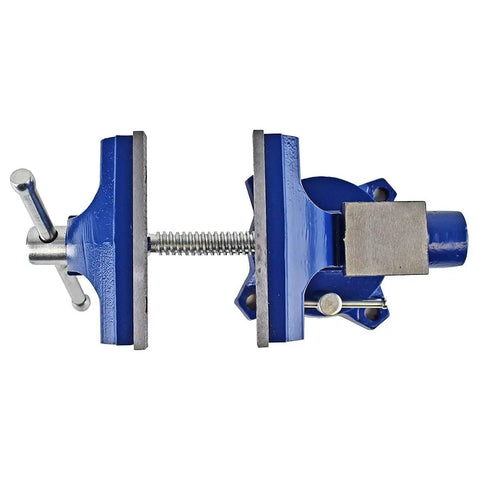 Heavy Duty Rock Solid Home Workshop Bench Vise Four Point Five Inch Wide Jaw With Hella Sturdy Soft Covers And Sure Grip Swivel Base Gray Iron Cast Construction For Diy Makers Making Quick Work Of Projects, blue vise shown from the top.