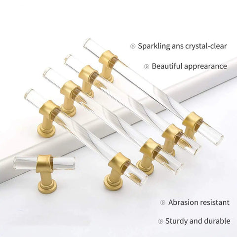 Acrylic Drawer Pulls Set in Gold Brushed Brass Finish for Cabinets and Dressers, T Bar design, angled view showing 6 pulls in package.